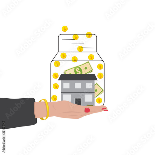 House in a glass jar and money - the symbol of bank and mortgage. Credit, realtor, home sale, invest concept. Vector stock illustration flat style.
