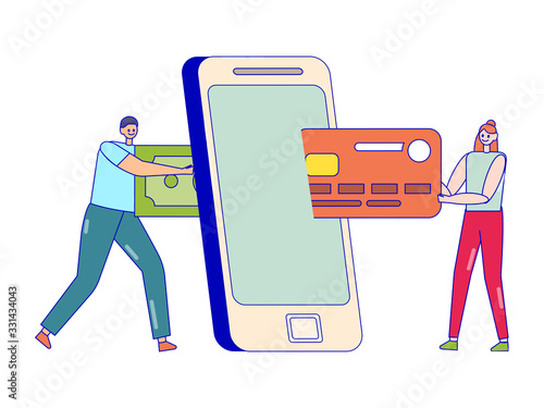Flat line design vector illustration concept of mobile banking. Transferring money and payment concept. Male and female characters standing with both sides of smartphone with paper notes and credit
