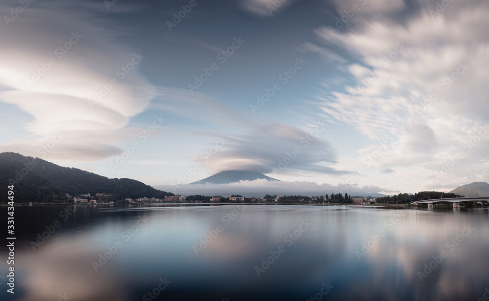 Fototapeta premium View from Mount Fuji Lake hidden by clouds at sunrise, Japan