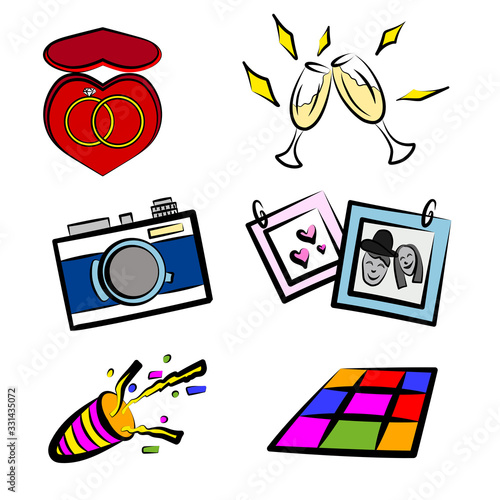 Set of vector icons for a wedding party. Proposal of a marriage, photos, champagne and of course dancing.