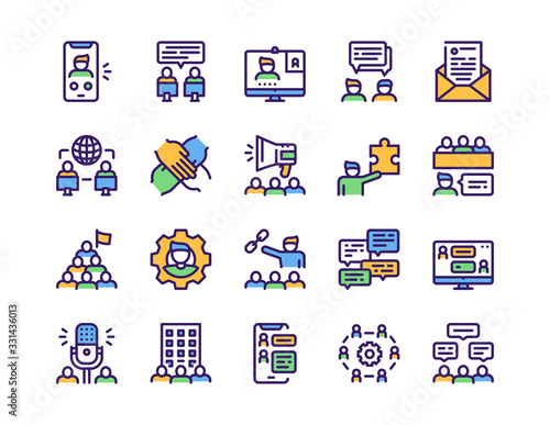Set of teamwork related vector linear Icons. Communication concept.