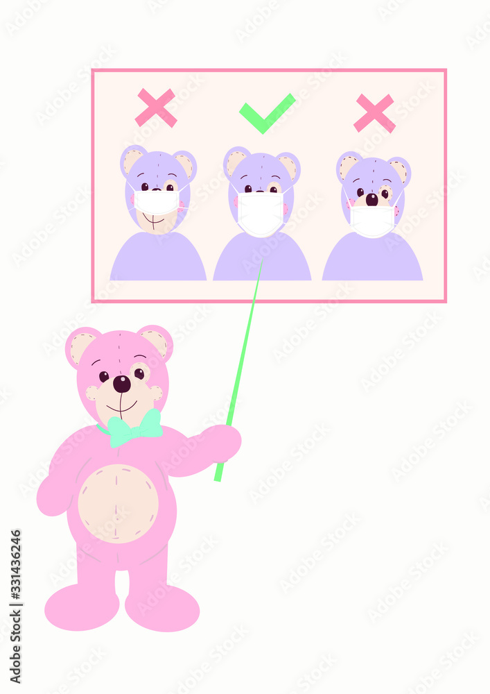 Naklejka premium Children's illustration: teddy bear shows how to wear a mask correctly.