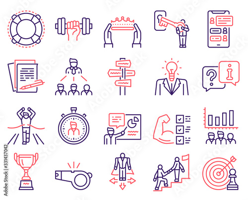 Mentoring linear color icon set. Coaching, sport coach, mentor and team work. Development concept