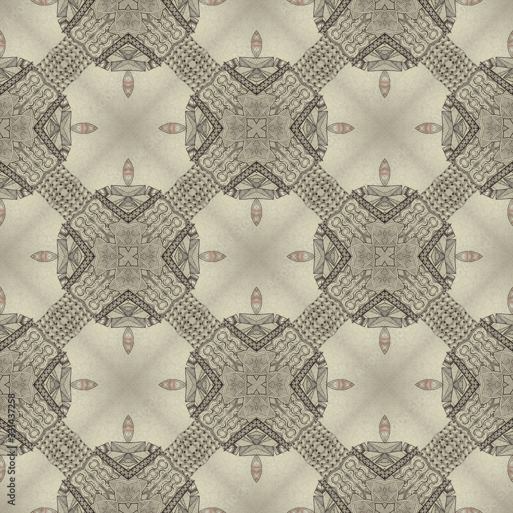 Seamless backdrop in the style of zenart. Geometric shapes, feathers and leaves. Hand-drawn.