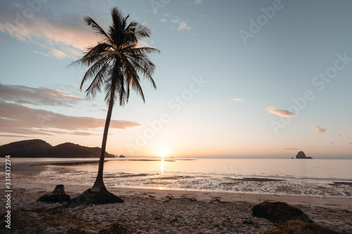 Palm beach with its white sand on the island of Ko Yao Yai during the sunrise reflected on the water