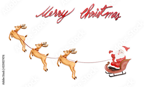 Watercolor painting illustration of Santa Claus wearing red clothes on snowmobile and three brown deers, Merry Christmas letters, greeting postcard and new year celebration card, isolated on white