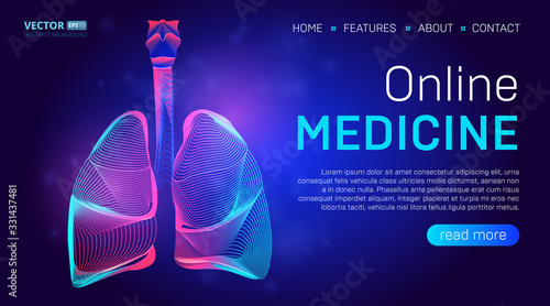 Online medicine landing page background concept or hero banner design with human lungs vector illustration. Pulmonology healthcare website template for Pneumonia, Tuberculosis or Coronavirus therapy