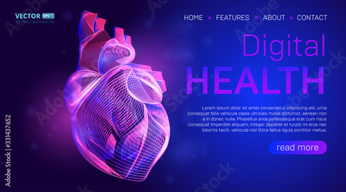Digital health landing page background concept or hero banner design with human heart outline vector illustration. Medical healthcare website template for Cardiology learning or artery clot therapy photo