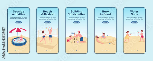 Beach games onboarding mobile app screen flat vector template. Building sandcastle activity. Walkthrough website steps with characters. UX, UI, GUI smartphone cartoon interface, case prints set
