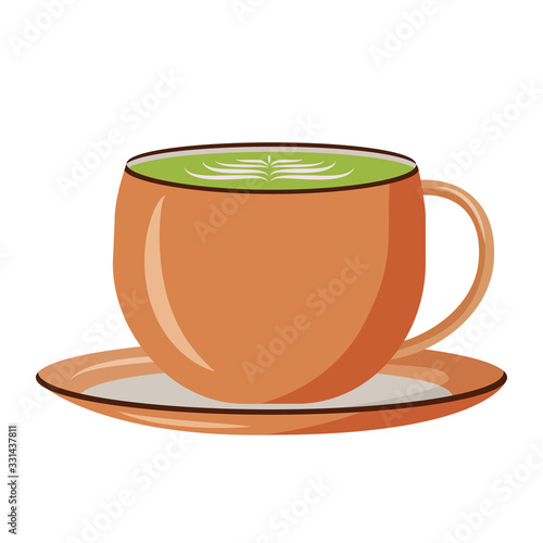 Matcha latte cartoon vector illustration. Oriental herbal beverage. Hot breakfast drink. Healthy vegan liquid. Green tea flat color object. Japanese drink isolated on white background photo