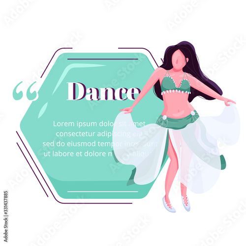 Bellydance female performer flat color vector character quote. Oriental traditional alluring dance show. Citation blank frame template. Speech bubble. Quotation empty text box design