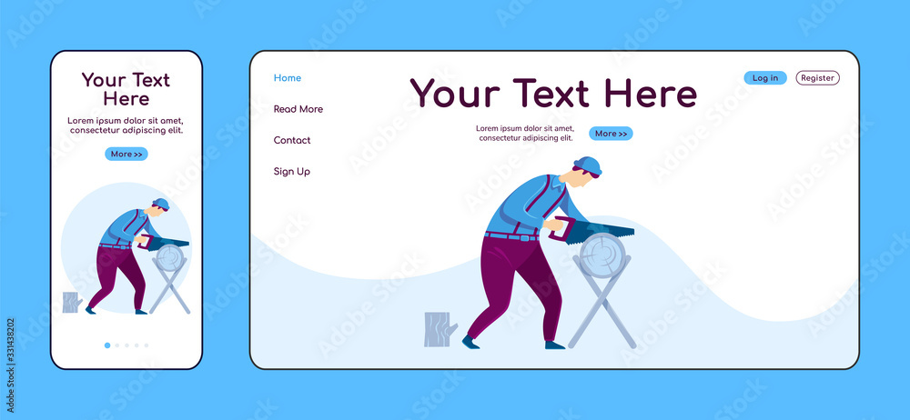 Carpentry adaptive landing page flat color vector template. Craftsman at work mobile and PC homepage layout. Repairman one page website UI. Home repairs webpage cross platform design