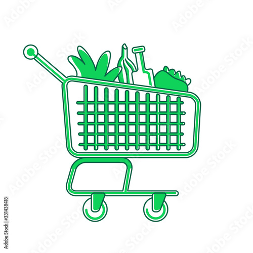 Shopping cart green linear object. Trolley with products, market pushcart thin line symbol. Supermarket item, commercial handle device isolated outline illustration on white background