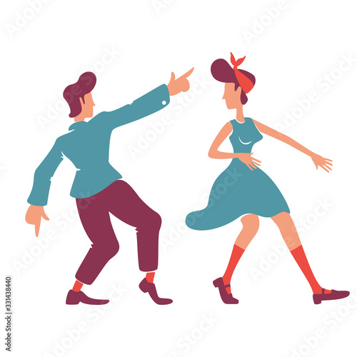 Retro style girlfriend and boyfriend flat color vector faceless characters. Couple dancing boogie woogie, rock n roll. Old fashioned romantic date at disco party isolated cartoon illustration