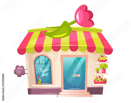 Flower shop exterior cartoon vector illustration. Florist place shopfront flat color object. Cute building with awning and tulip. Potted plant od display. Floral store isolated on white background