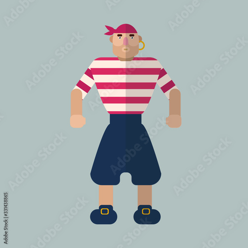 Cartoon fearsome pirate with a gold earring in his ear in a red striped longsleeve and blue trousers in shoes with a buckle on a gray background vector