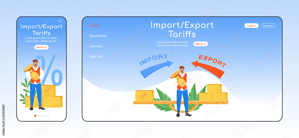 Import and export tariffs adaptive landing page flat color vector template. Trading tax mobile and PC homepage layout. Transportation fees one page website UI. Taxation webpage cross platform design
