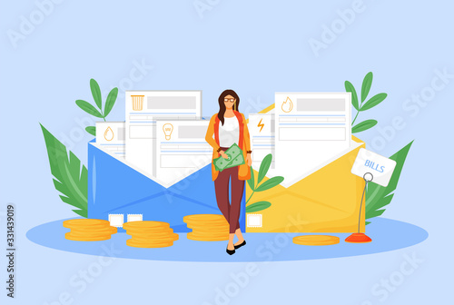 Utility bills flat concept vector illustration. Adult woman paying taxes 2D cartoon character for web design. Water, gas and electricity invoices. Regular expenses, legal obligation creative idea
