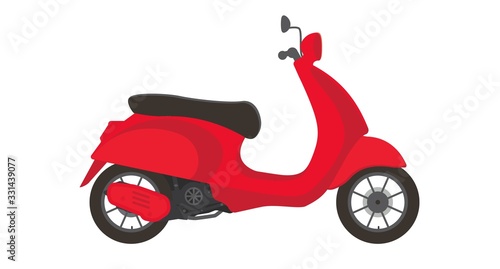 Red motor scooter with a step-through frame . Vector motorcycle illustration.