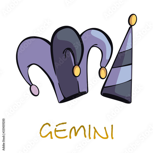 Gemini zodiac sign accessory flat cartoon vector illustration. Jester hats, clown headwear object. Astrological air symbol, medieval joker costume elements. Isolated hand drawn item