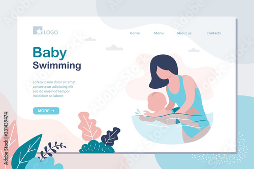 Baby swimming landing page template. Little infant child swimmer in the swimming pool, kids physical activity.