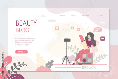 Beauty blog landing page template. Female blogger making review for cosmetics and recording video for her blog.