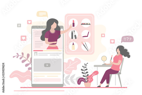 Female beauty blogger making review for cosmetics, video app on mobile screen. Young woman watching about makeup on vlog channel.