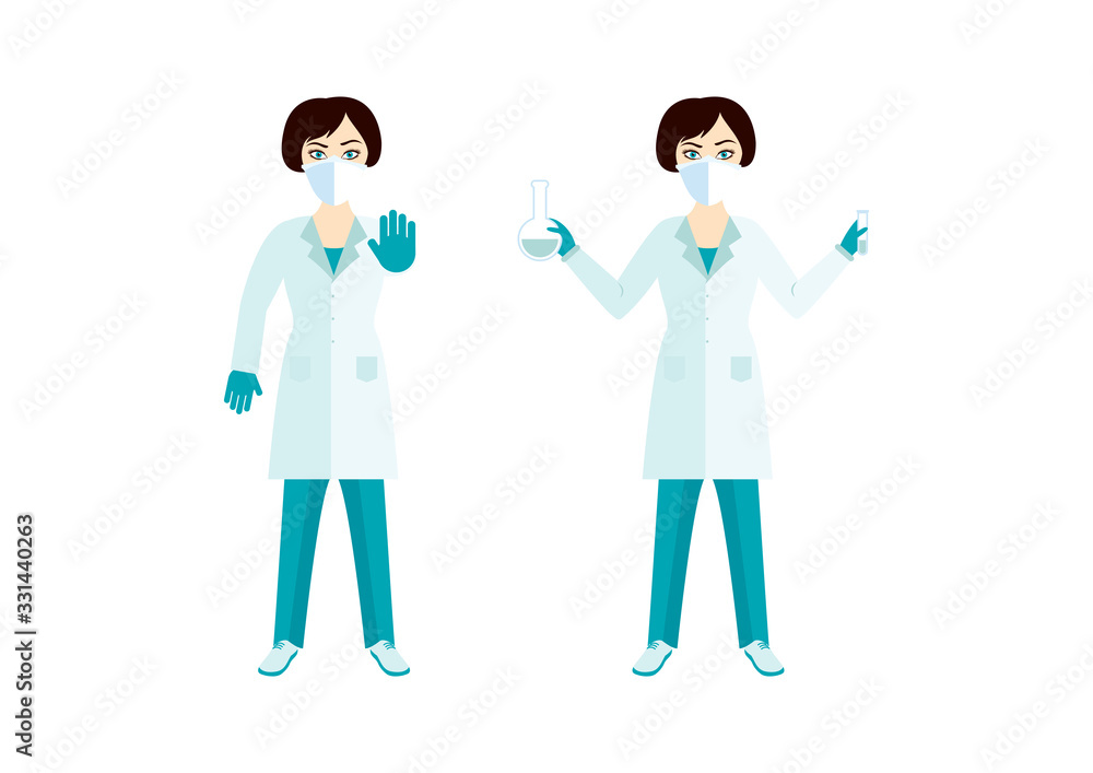Woman doctor wearing protective mask vector. Flu respirator vector. Woman with medical mask icon set. Respiratory disease vector. Young woman scientist vector. Women in science icon set Woman doctor wearing protective mask vector. Flu respirator vector. Woman with medical mask icon set. Respiratory disease vector. Young woman scientist vector. Women in science icon set