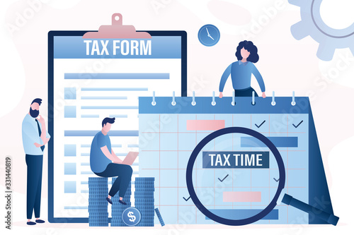 Paper tax form document, calendar with magnifying glass, pile of coins.