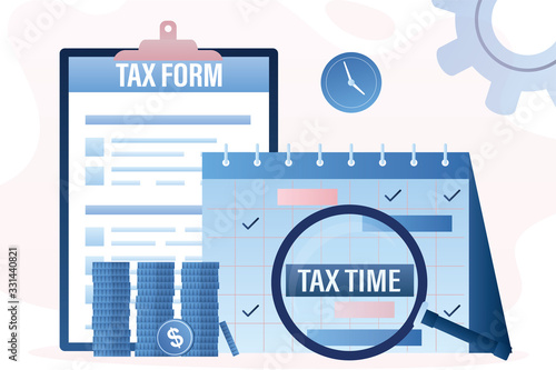 Paper tax form document, calendar with magnifying glass. Tax time, pile of coins.