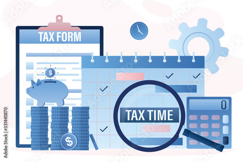 Paper tax form document, calendar with magnifying glass. Tax time, pile of coins.