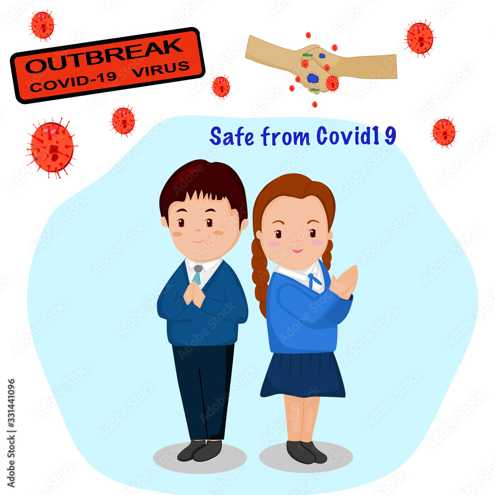 Vector picture show kids change shake hands greeting to namaste or Thai Wai (Sawasdee) because outbreak of covid19 , coronavirus for safe from virus . Manaste or Thai Wai greeting background. Vector picture show kids change shake hands greeting to namaste or Thai Wai (Sawasdee) because outbreak of covid19 , coronavirus for safe from virus . Manaste or Thai Wai greeting background.