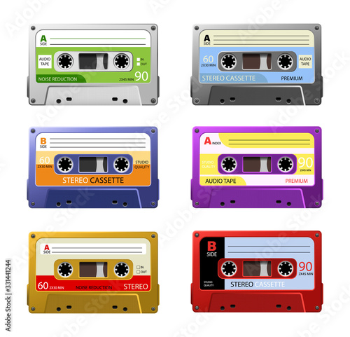 Collection of six colorful plastic audio cassette tape. Set of different color music tapes. Set of retro audio cassettes, pop art style. Vector image.