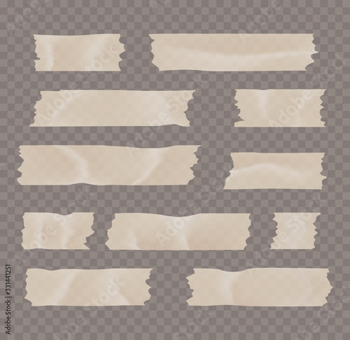 Duct adhesive tape realistic isolated vector illustration. Various strips of brown ripped sticky tape. masking tape pieces with torn edges realistic style