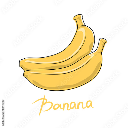 Yellow banana and text Banana, tropical fruit isolated on white background, vector illustration