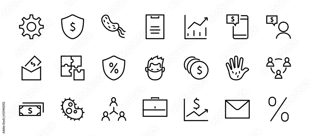 Set of business vector line icons. It contains user symbols, dollar pictograms, gears, briefcase, puzzles, envelope, percentage, messages, schedule, and more. Editable Bar 460x460 pixels. Set of business vector line icons. It contains user symbols, dollar pictograms, gears, briefcase, puzzles, envelope, percentage, messages, schedule, and more. Editable Bar 460x460 pixels.