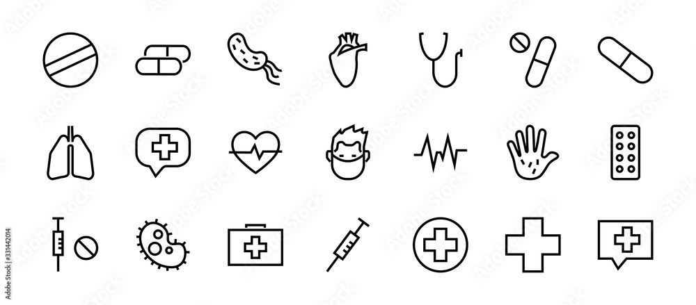 Simple Set of Medicine, Pills Related Vector Line Icons. Contains icons such as Pain, Syringe, tablet and more. Editable stroke. 480x480 pixels perfect, on a white background