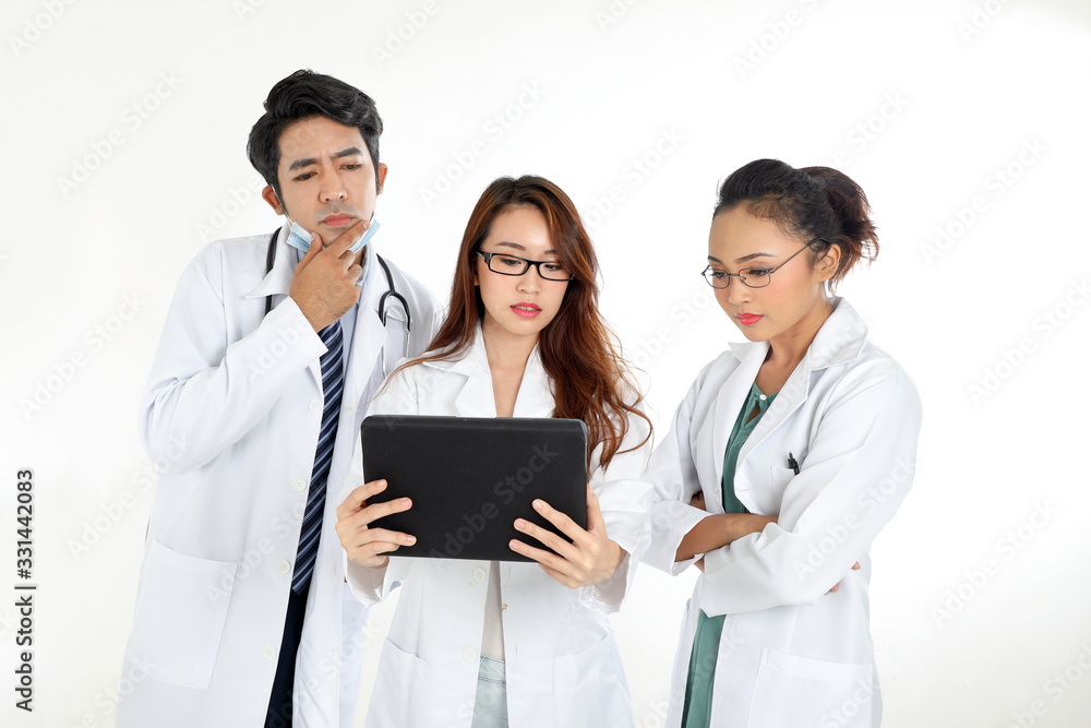 ung asian chinese malay male female doctor on white background holding pad tab disuses think talk share ung asian chinese malay male female doctor on white background holding pad tab disuses think talk share