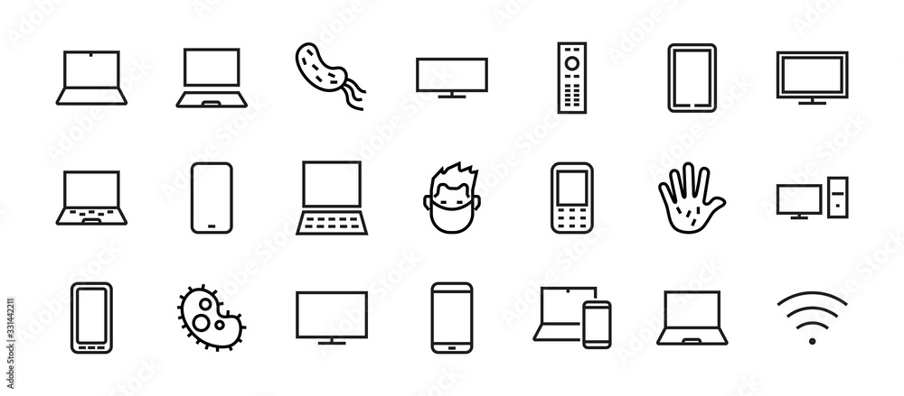 set of smart devices and gadgets, computer hardware and electronics. Electronic device icons for web and mobile vector lines. Editable stroke. 480x480 pixels set of smart devices and gadgets, computer hardware and electronics. Electronic device icons for web and mobile vector lines. Editable stroke. 480x480 pixels