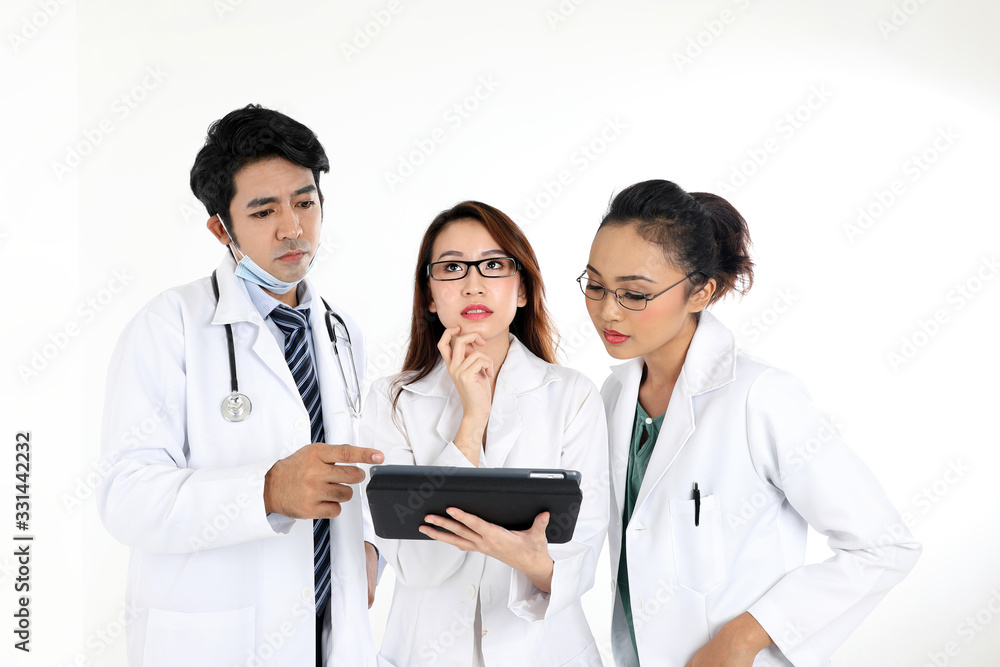 ung asian chinese malay male female doctor on white background holding pad tab disuses think talk share
