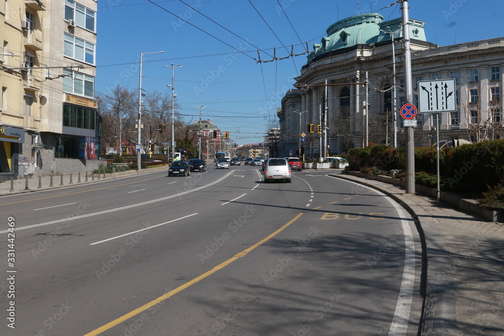 Sofia, Bulgaria - March 17, 2020: Empty streets of Sofia during Corona Virus covid-19 outbreak