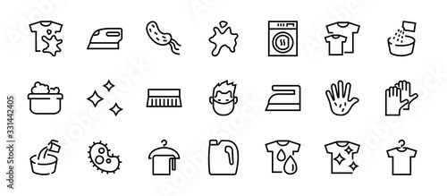  Simple set of washing related vector line Icons. Contains icons such as washing machine, powder, laundry, dirty t-shirt and much more. On a white background, editable stroke. 48x48 pixels perfect