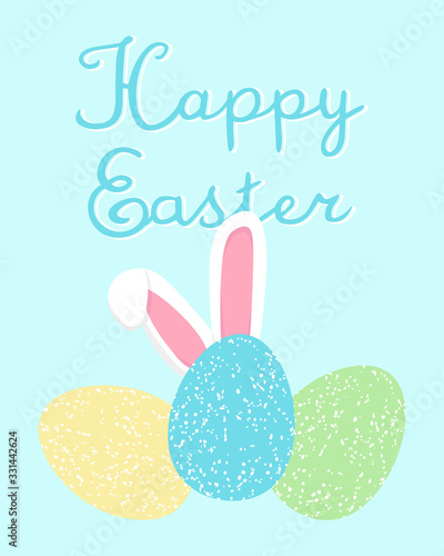 happy easter greeting card with cute cartoon bunny ears and colored eggs on blue background with handwritten sign, editable vector illustration for holiday decoration, print, poster, banner