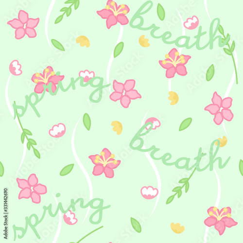 Wallpaper Mural spring breath seamless pattern with cute cartoon flowers on fresh green background, handwritten sign, editable vector illustration for season decoration, fabric, textile, paper Torontodigital.ca