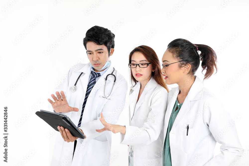 ung asian chinese malay male female doctor on white background holding pad tab disuses think talk share ung asian chinese malay male female doctor on white background holding pad tab disuses think talk share
