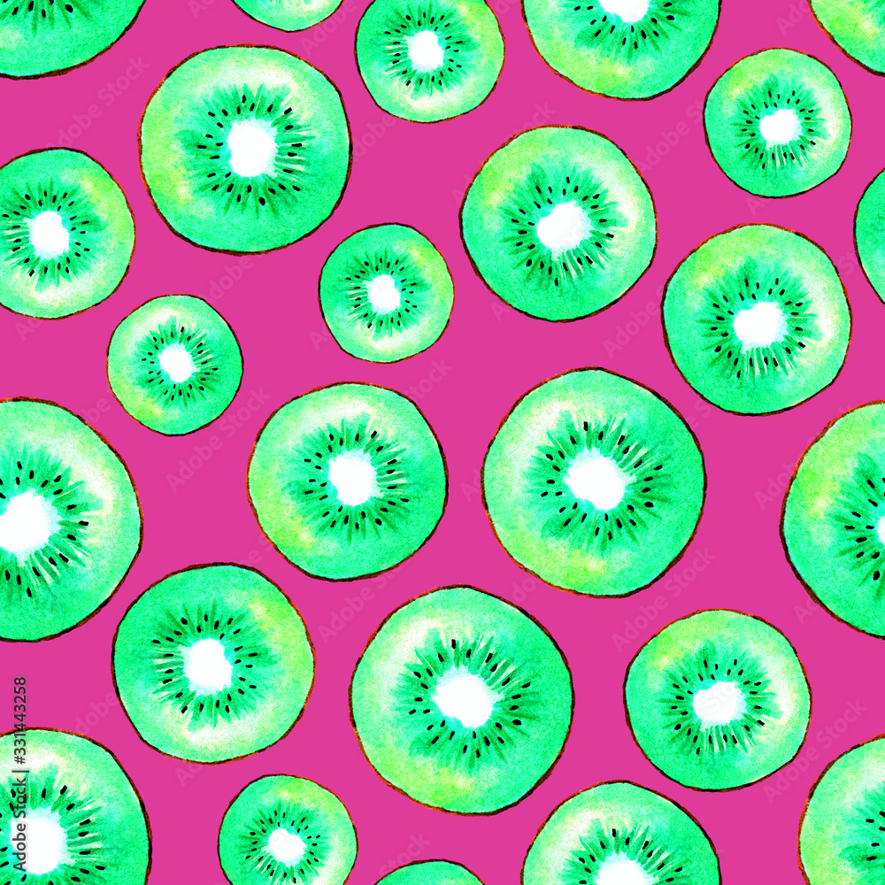 Fototapeta premium Seamless pattern with kiwi on a pink background. Hand drawn watercolor illustration
