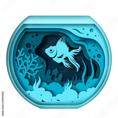 Aquarium with pet fish, vector illustration in paper art style
