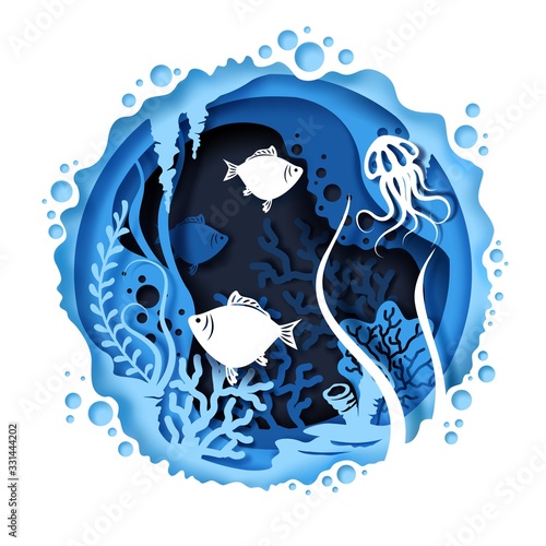 Underwater world, vector illustration in paper art style