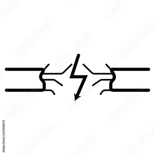 electricity power cable cutout with charge sign concept. current leakage on white background, pvc copper wire cut vector icon design