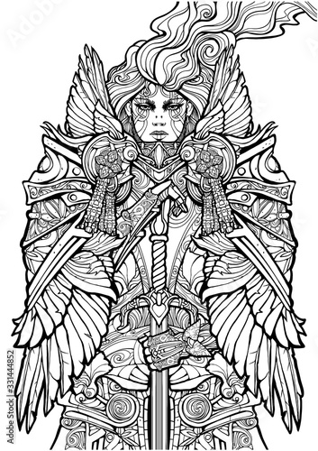 A beautiful female Valkyrie leans on a long two-handed sword, dressed in incredibly beautiful highly detailed armor. Coloring pages for adults. 2D illustration.